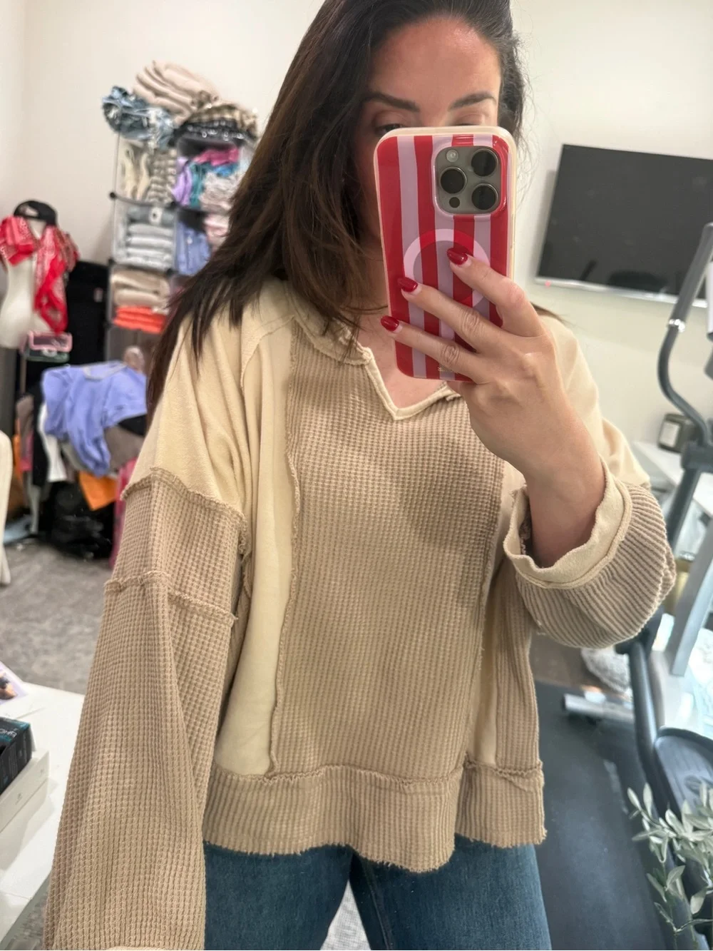 POL | Waffle Patchwork V Neck Pullover- Oatmeal, Oversized Boho Fit